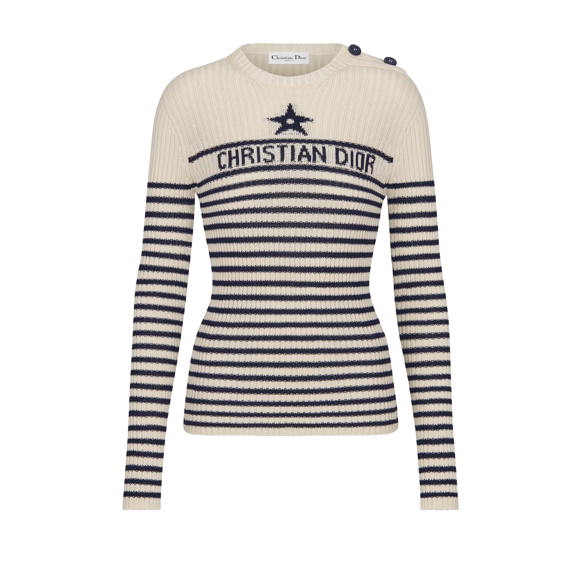 Dioriviera Sweater Ecru and Navy Blue Cotton Knit with Signature E01