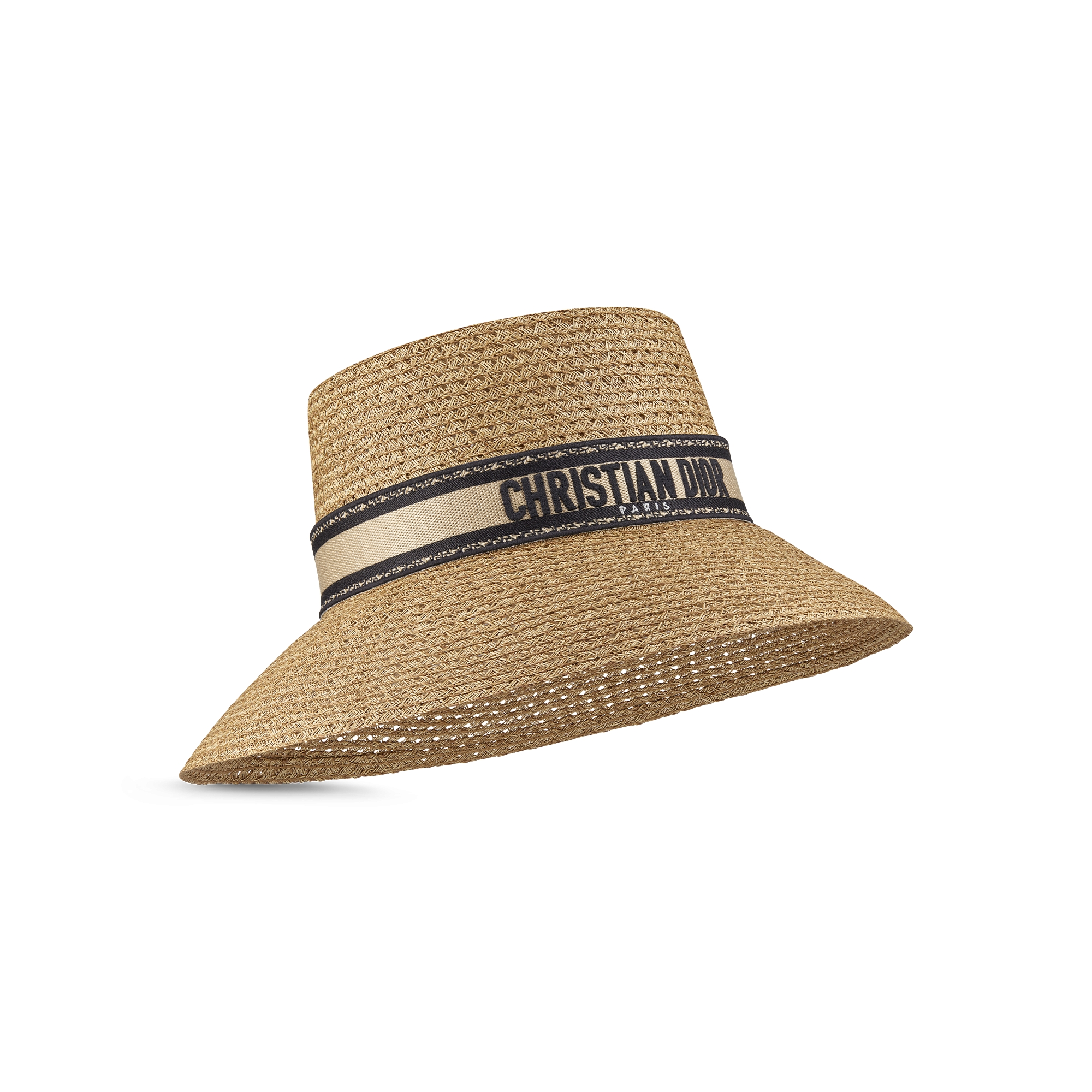 D-Bobby Large Brim Hat Straw with Beige and Black Embroidered Band E03