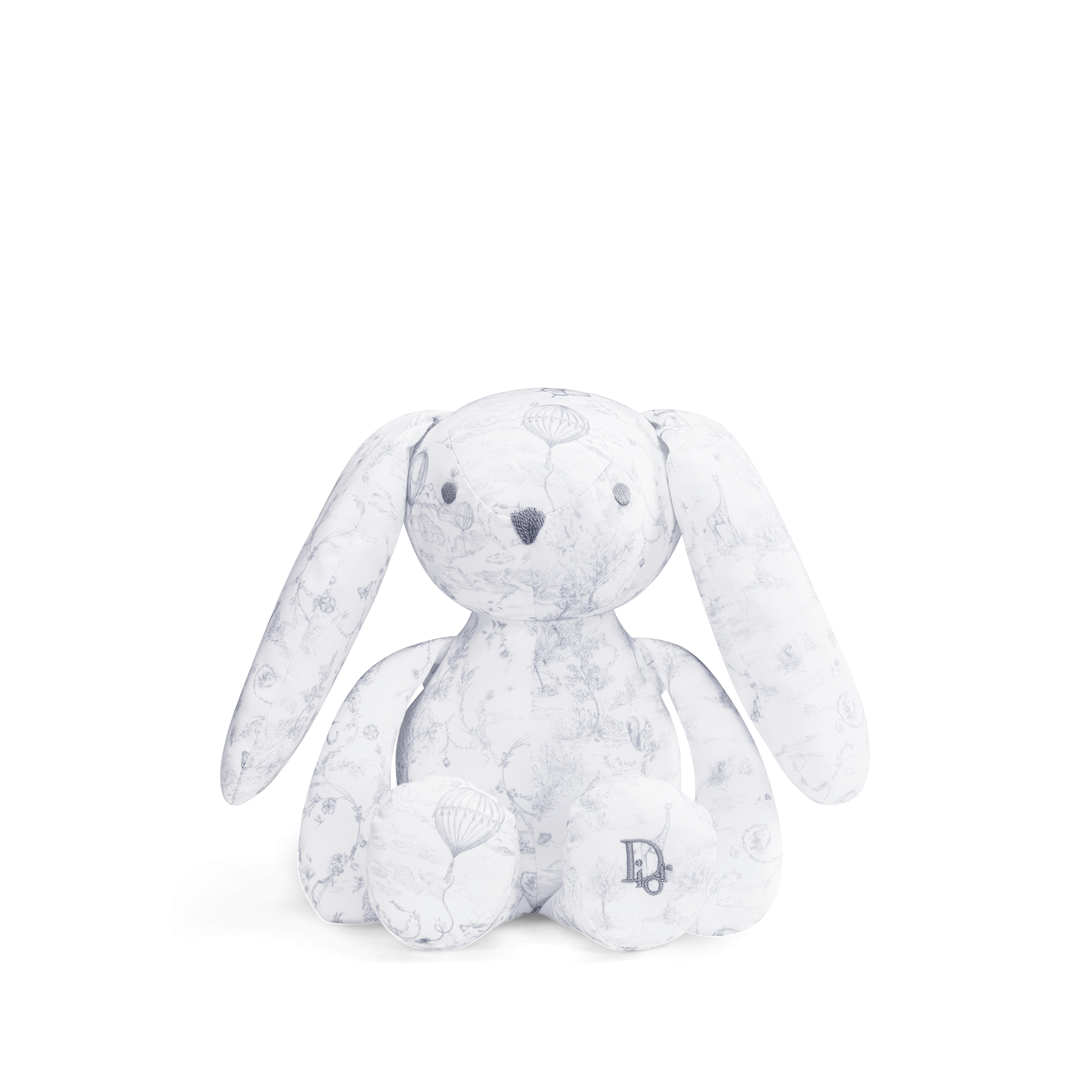 Knuffelkonijn Wit katoensatijn met grijze Toile de Jouy-print E01