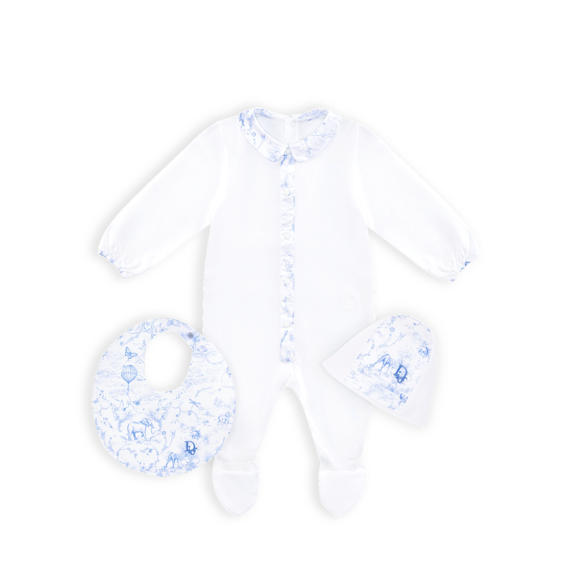 Newborn Gift Set White Cotton Satin with Sky Blue Toile de Jouy Print E01