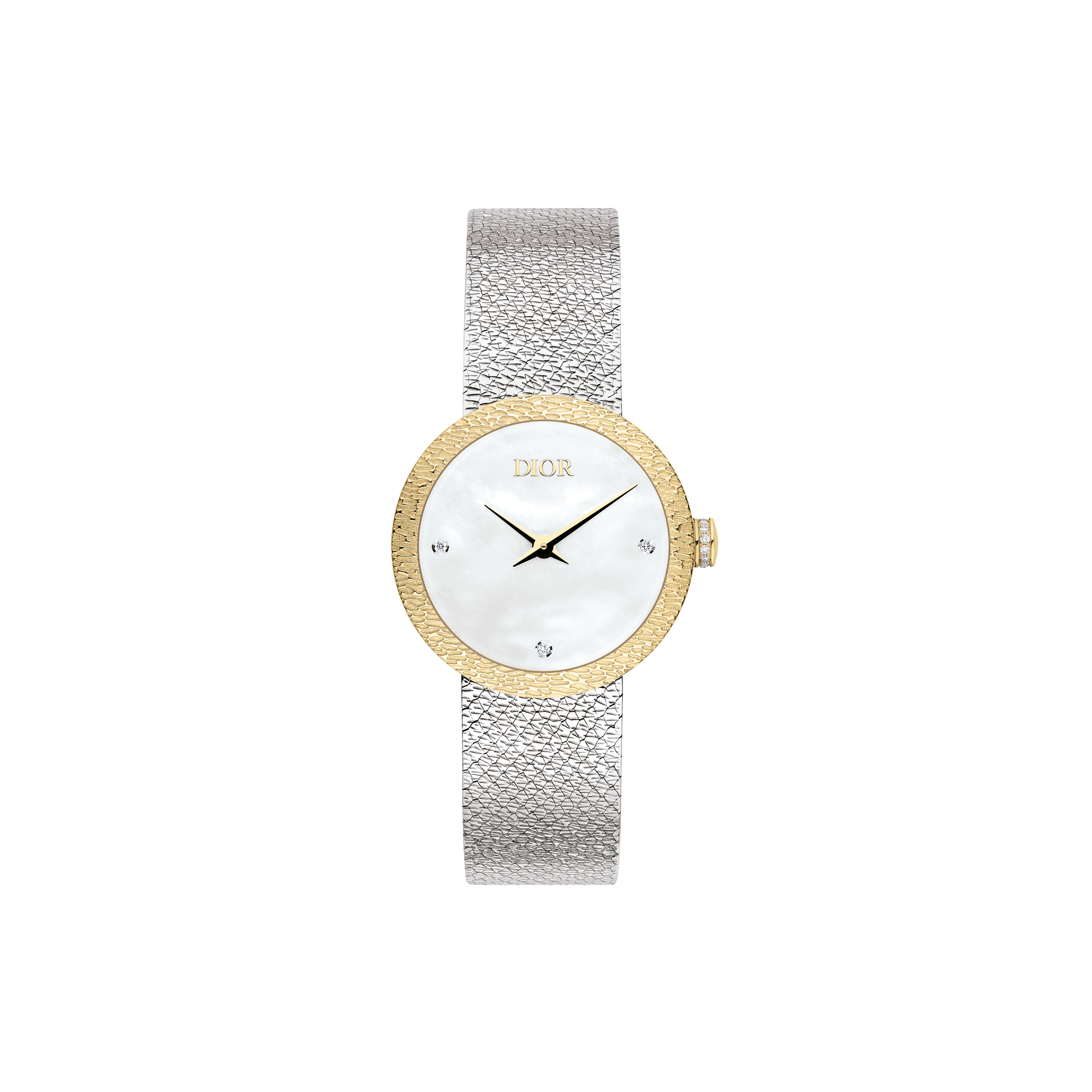 La D de Dior Satine Ø 25 mm, Steel, Yellow Gold, White Mother-Of-Pearl and Diamonds E01