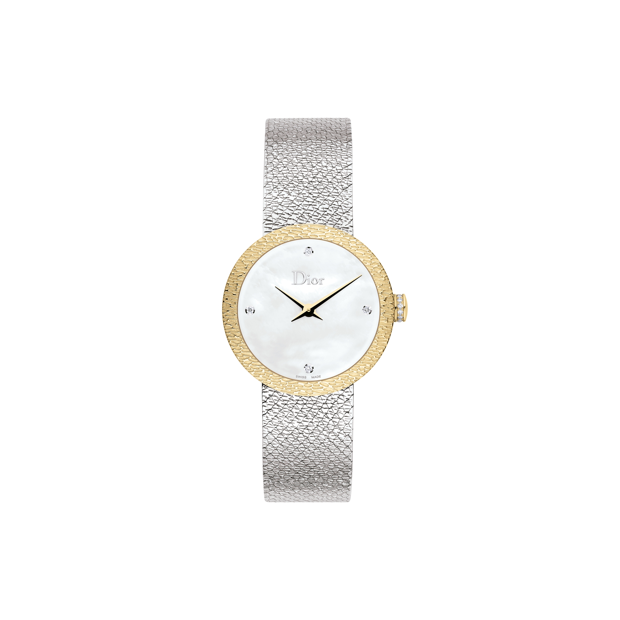 La D de Dior Satine Ø 25 mm, Steel, Yellow Gold, White Mother-Of-Pearl and Diamonds E01